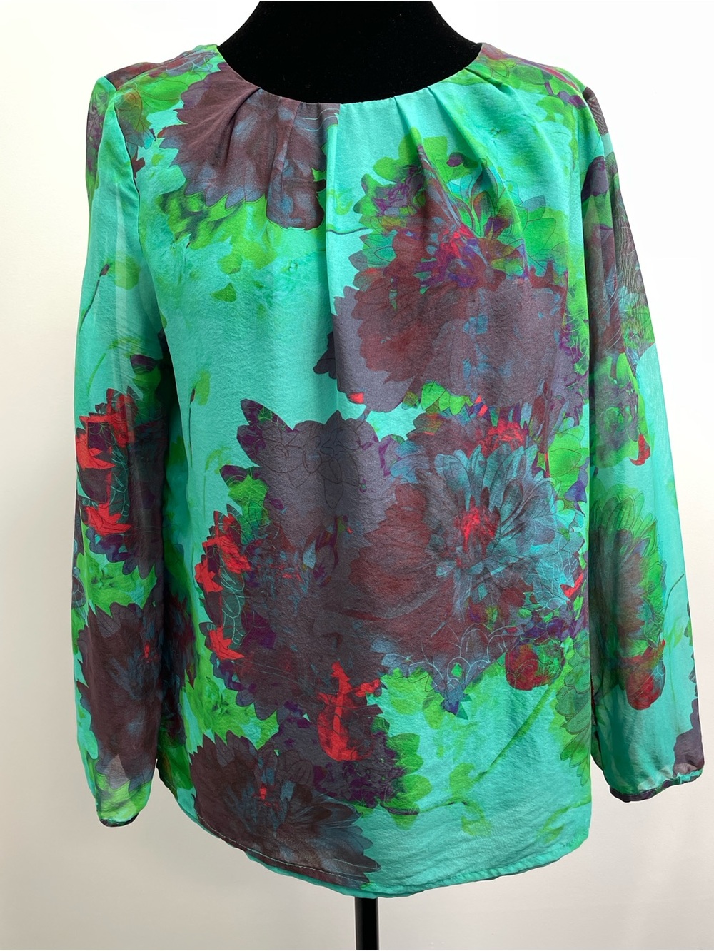 J.Crew 100% Silk Watercolor Floral Blouse Size 8 Green Floral 3/4 Sleeve